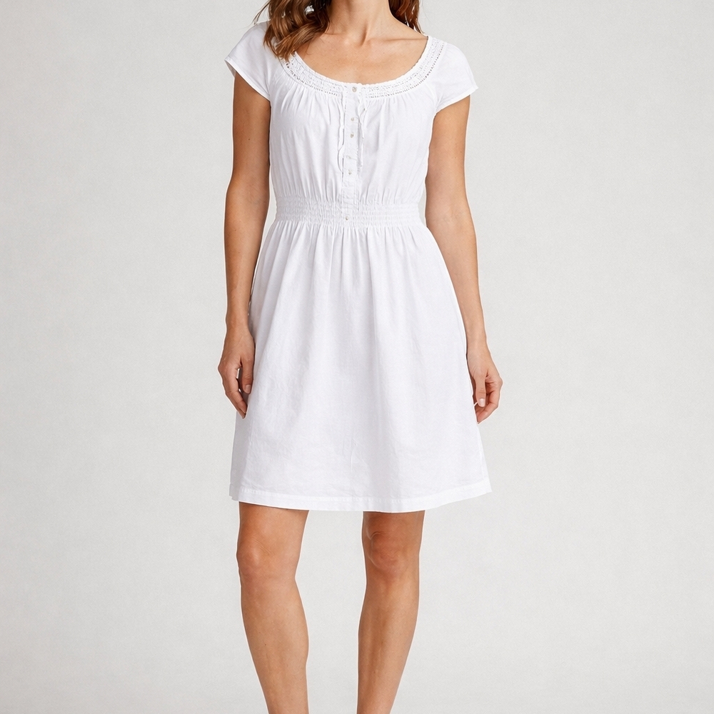 Theory White Mini Dress Cotton Short Sleeve Smocked Waist Summer Clean Girl